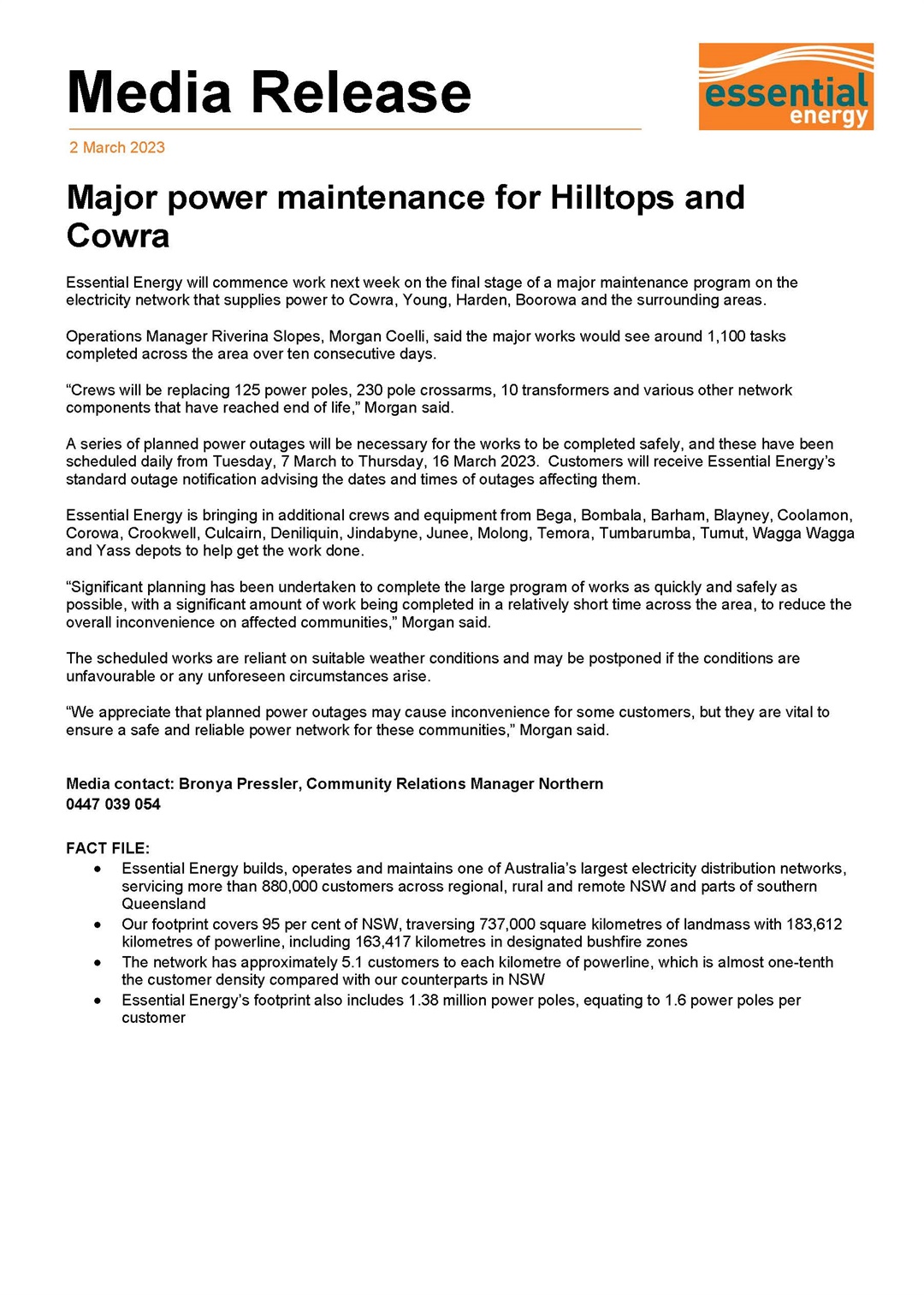 Media Release - Major Power Maintenance for Hilltops & Cowra